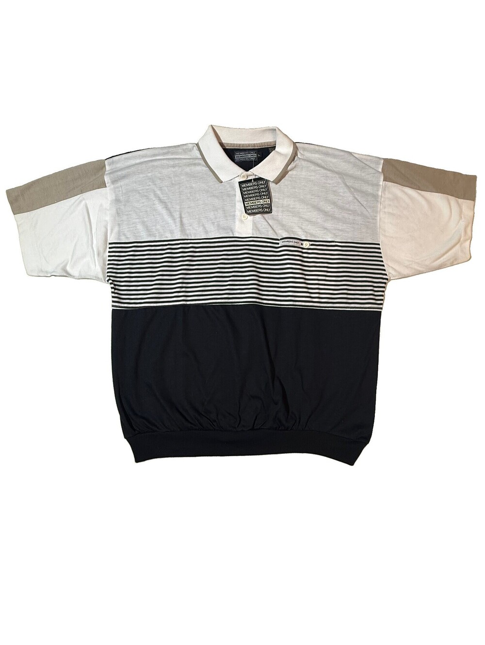 NWT Vintage Members Only Mens LG Black White Stripe Polo Shirt Color block